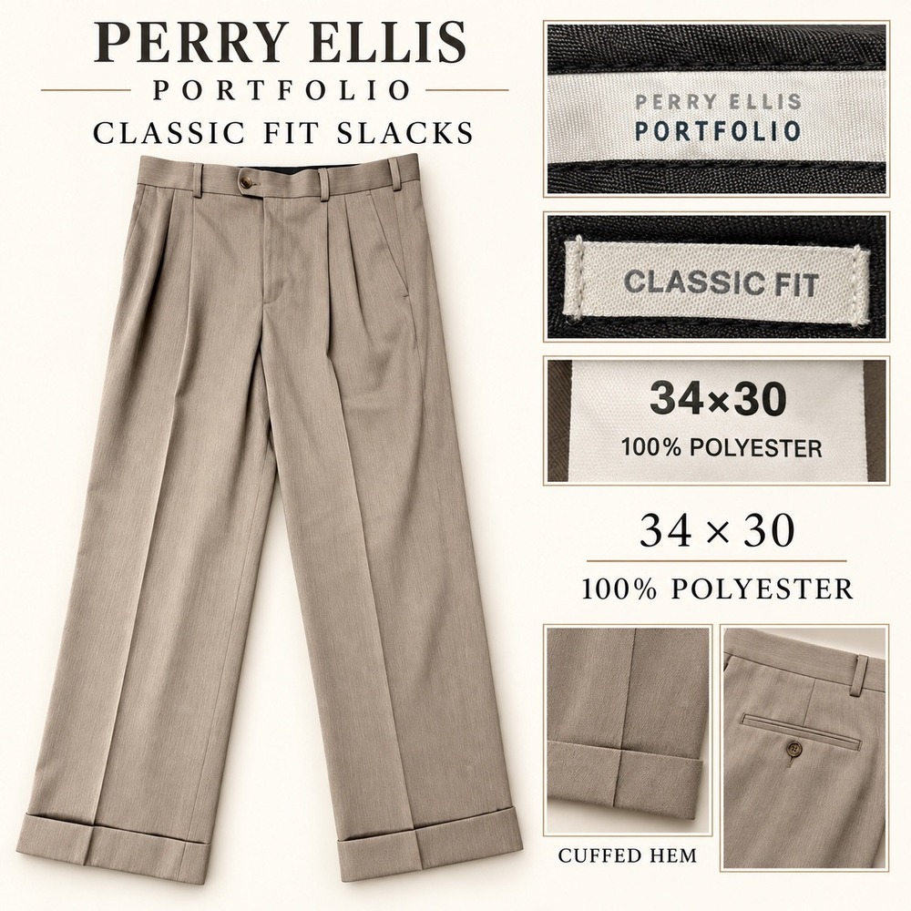 Perry Ellis Portfolio Mens 34x30 Classic Fit Slacks Pleated Cuffed Tan Taupe